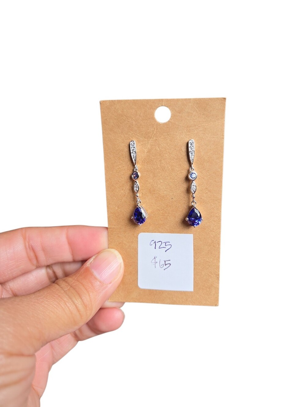 925 China Sterling Silver Dangle Earrings with Deep Blue Teardrop Gemstones 1.5"